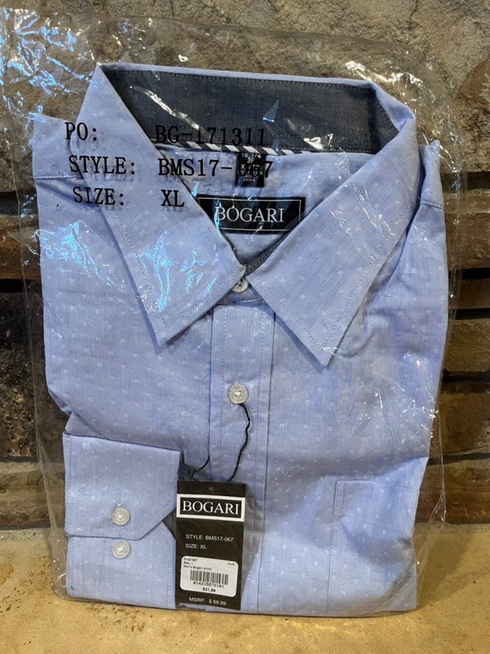 Bogari 100% Cotton Light Blue Dress Shirt Subtle Dot Pattern